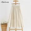 Korean Style Summer Women Basic Solid Skirt High Waist Apricot Cotton Linen Skirt Casual Loose A-Line Midi Retro Skirt