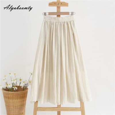 Korean Style Summer Women Basic Solid Skirt High Waist Apricot Cotton Linen Skirt Casual Loose A-Line Midi Retro Skirt