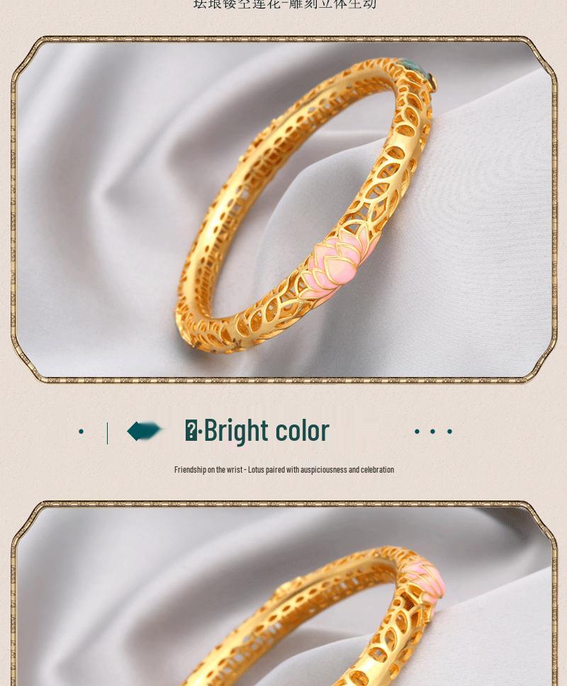 Vietnamese Sand Gold Enamel Lotus Bracelet – Brass, Gold-Plated, Hollow Design with Painted Lotus Leaf & Flower, Women's National Trend Style.