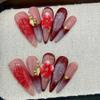 Handmade Press On Nail French Red Purple Gradient Blur 3D Carved Flowers Gold Pearls Stars Long Almond Fake Nail Patch Artificial Nail Reusable