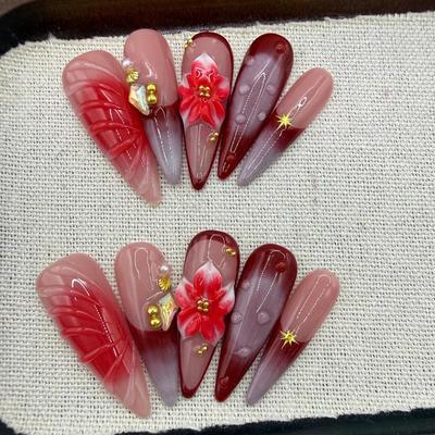 Handmade Press On Nail French Red Purple Gradient Blur 3D Carved Flowers Gold Pearls Stars Long Almond Fake Nail Patch Artificial Nail Reusable
