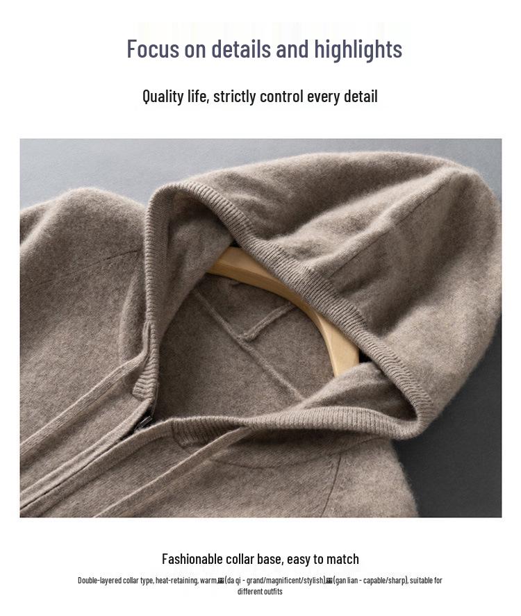 Men's Hooded Wool Cardigan - Solid Color, Zipper, Drawstring, Loose Fit Knitted Sweater Jacket