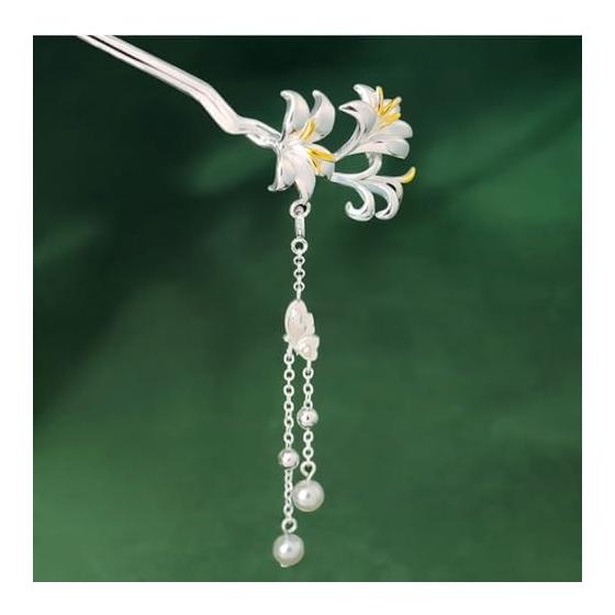 Miaomyao Hairpin Kanzashi for Japanese Traditional Wear (Kimono, Yukata, Hakama), Antique Casablanca Lily Flower Hair Accessory with Pearls, Silver