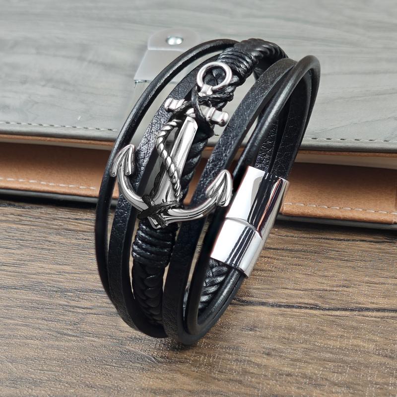 Punk Arrow Entanglement Design Men Jewelry Leather Braided Bracelets Stainless Steel Black Bracelets Fashion Male Bangle