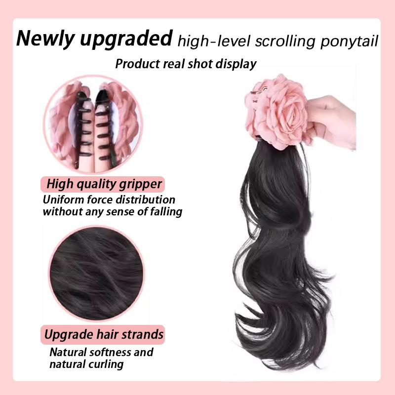 Paruka s culíkem a růžovým úchopem ve tvaru růže a stočenou stranou. Culík je přirozeně roztomilý a neviditelný cop.