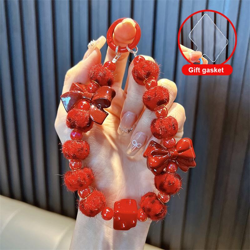 Vintage Red Fur Ball Phone Lanyard Sweet Beaded Mobile Phone Chain Keychain  Year Christmas Cellphone Strap Camera Pendant
