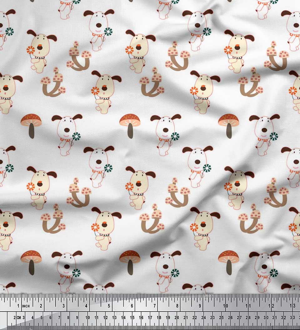

Soimoi Japan Crepe Satin Fabric Mushroom & Dog Kids Print Тканина на метри 42 дюйма 42 Inch Wide - Poly Crepe білий