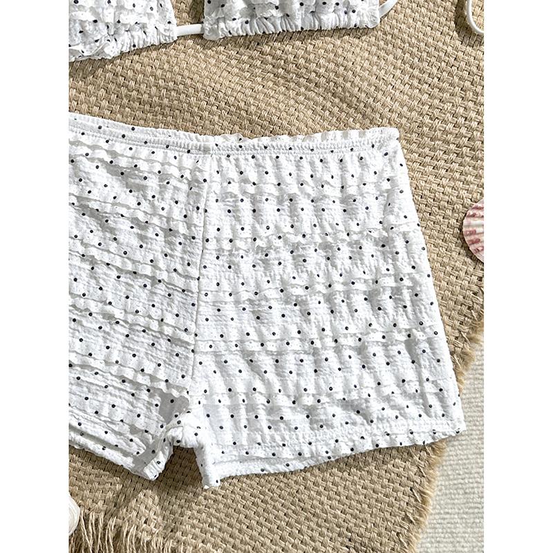 White Pot Print Lace Swimwear Sexy Halter String Triangle Bikinis Sets High Waist Bottom Shorts Swimsuit Women Bathing Suit