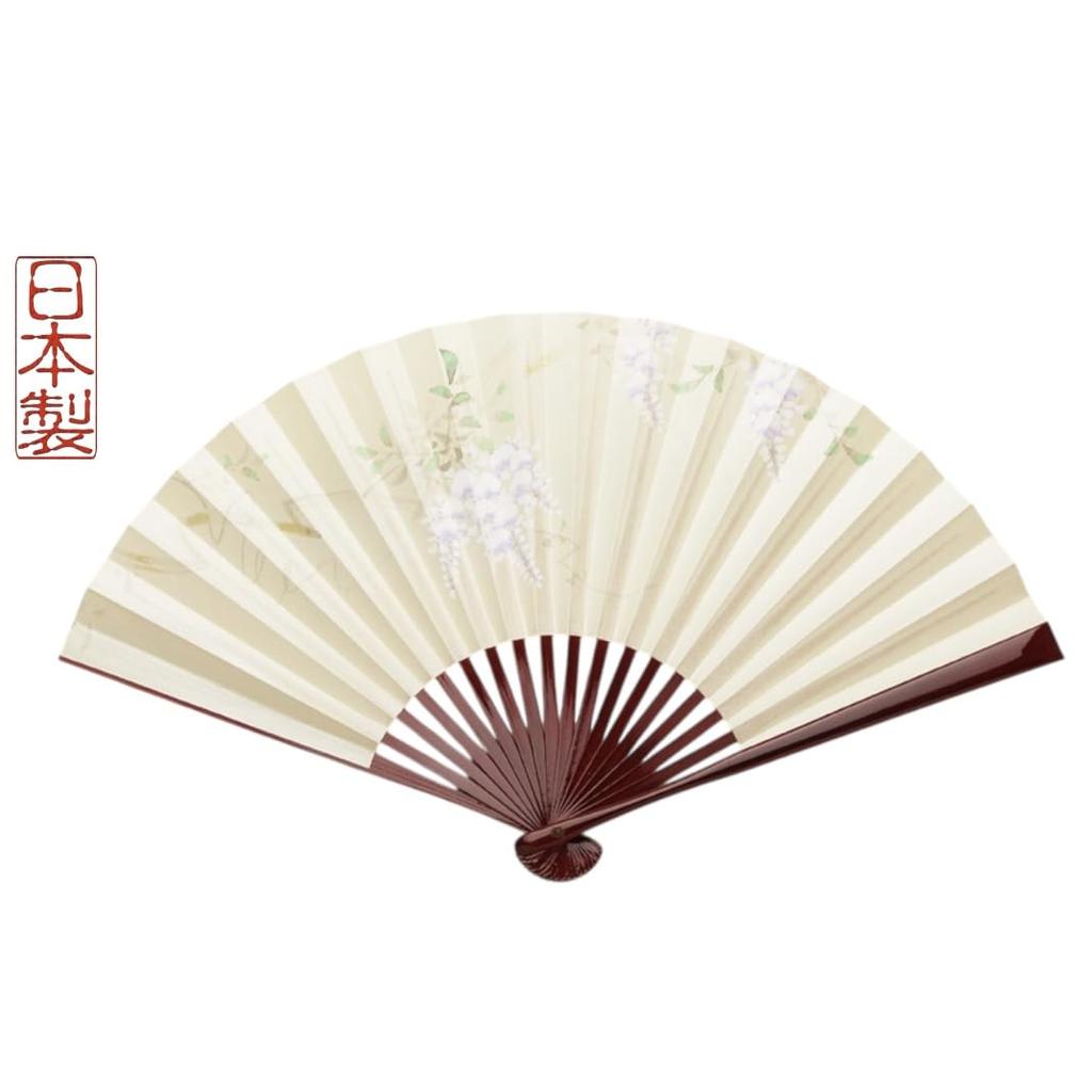Kyoto-style fan, "Yamabe no Fuji" (Wisteria of the Mountains), Made in Japan, Kyoto. Hand-painted paper fan for women, double-sided, wisteria design,