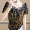 Summer Women T-Shirt Chic Sexy Lace Hollow Embroidery Flower Patchwork Mesh Tops Elegant O-Neck Diamonds Short Sleeve Tees
