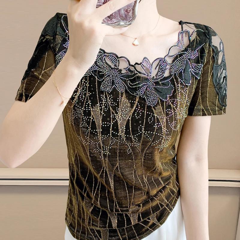 Summer Women T-Shirt Chic Sexy Lace Hollow Embroidery Flower Patchwork Mesh Tops Elegant O-Neck Diamonds Short Sleeve Tees