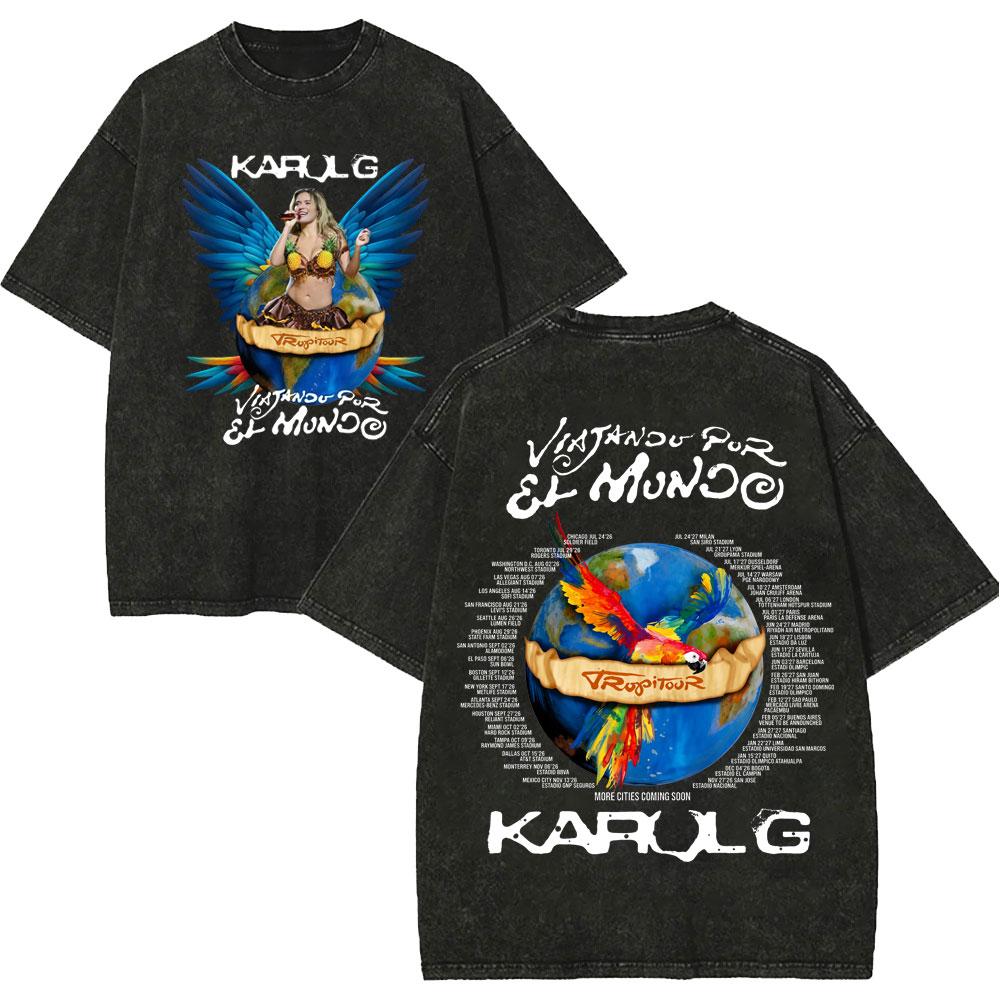 Vintage Spłowiałe Koszulki Karol G Tropicoqueta Tour 2026 Mężczyźni Kobiety Moda Pop Muzyka Koszulka Letnia Codzienna Luźna Bawełniana Koszulka