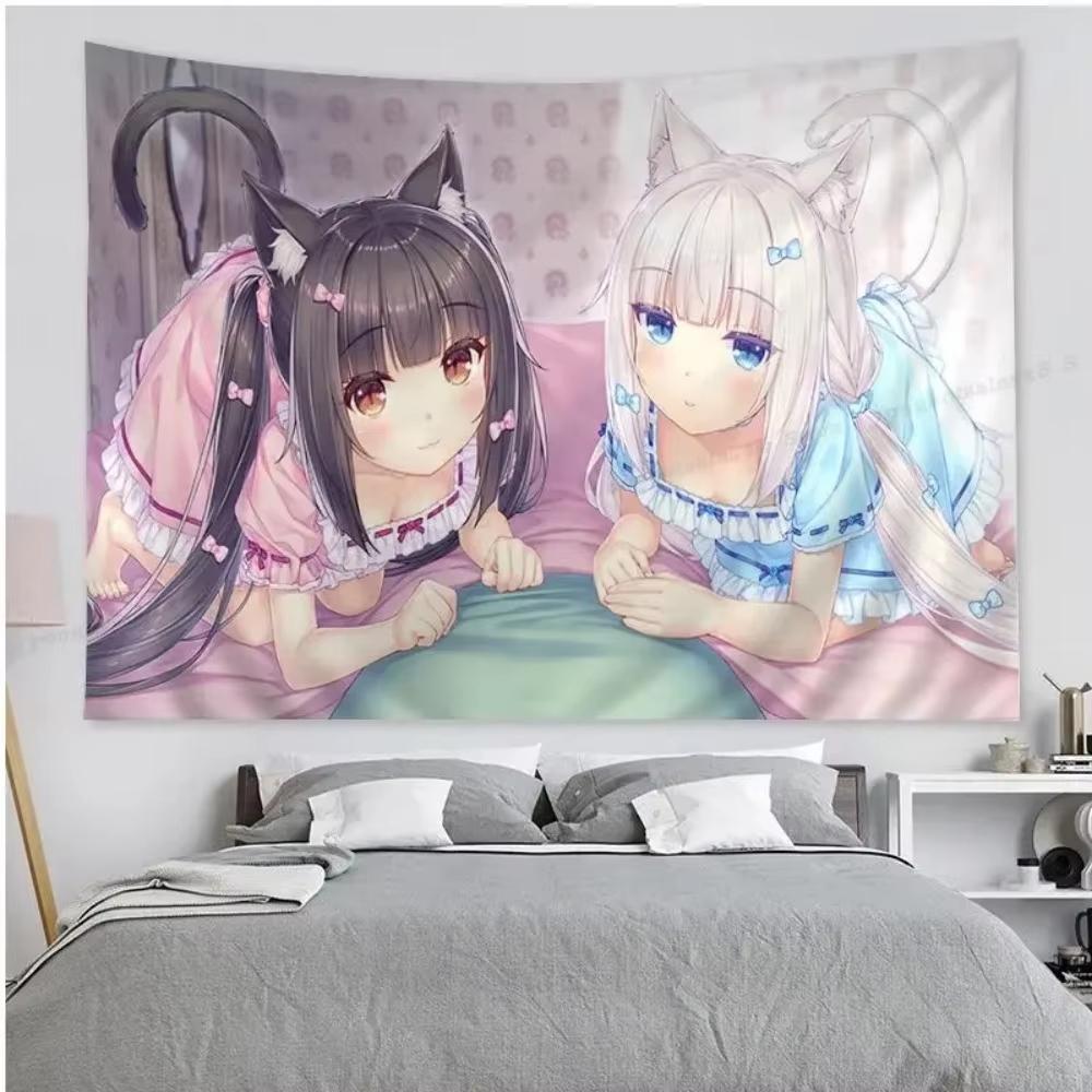 Japanese Cat Girl Anime Tapestry Check in Background Wall Machine Washable HD Tapestry Cute Room Decoration 100X70CM