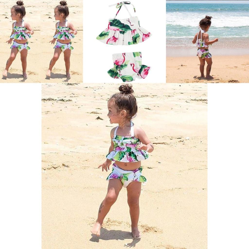 Charming 2pcs Girls Ruffle Floral Bikinis Set Featuring Adorable Flamingo Design