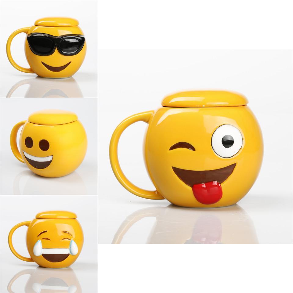 Kreslený Emoji Keramický Hrnek s Usmívající se Tváří a Víčkem pro Kancelářské Použití