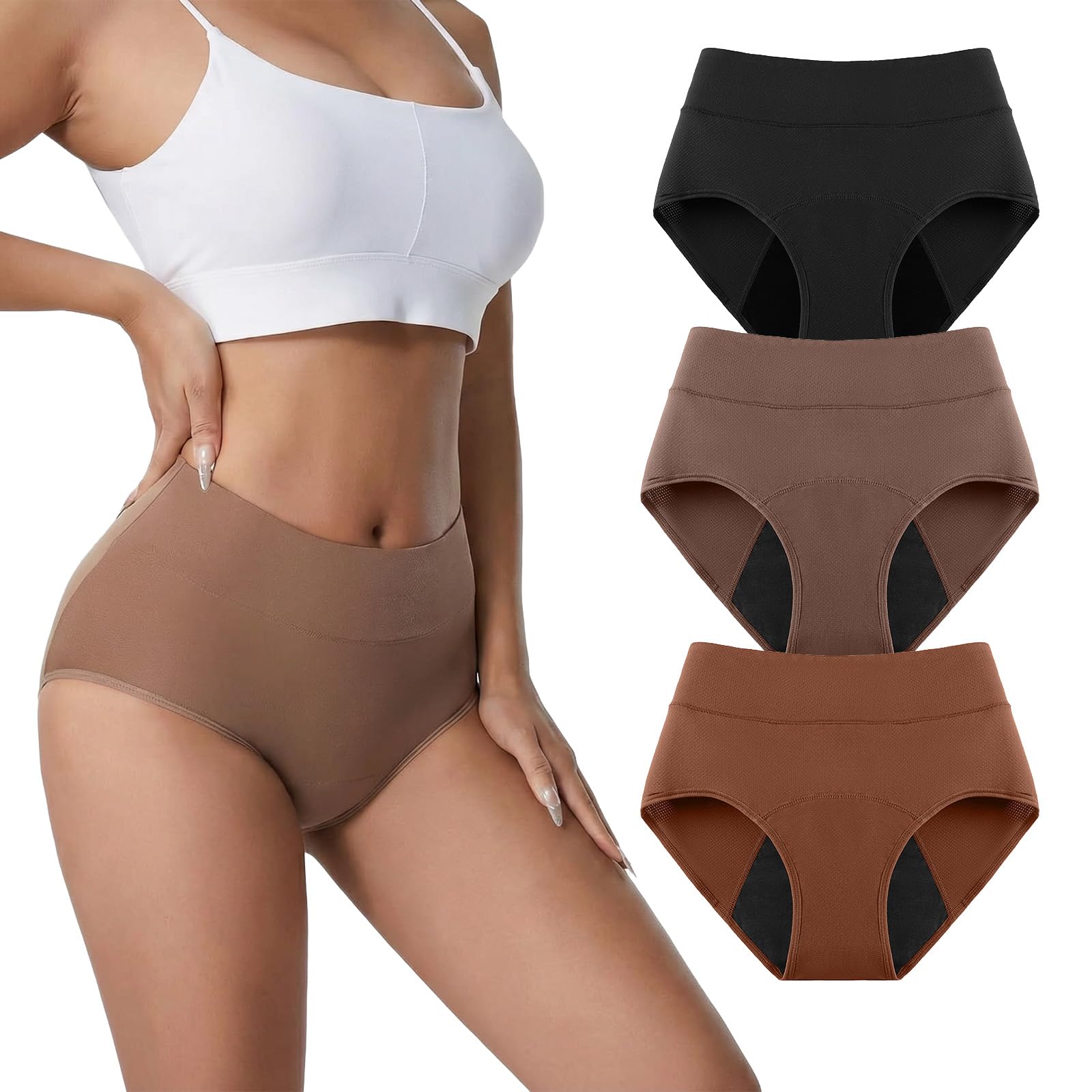

Women s Color 3-layer Absorbent Menstrual Underwear With Breathable Holes And Leak Proof Menstrual Physiological Underwear 3PC M коричневий