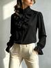 European and American Temperament Commuter Stand-up Collar Long-sleeved Polyester Shirt Women's Elegant Style Autumn New Solid Color Versatile Top