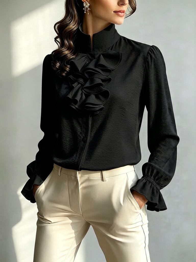 European and American Temperament Commuter Stand-up Collar Long-sleeved Polyester Shirt Women's Elegant Style Autumn New Solid Color Versatile Top
