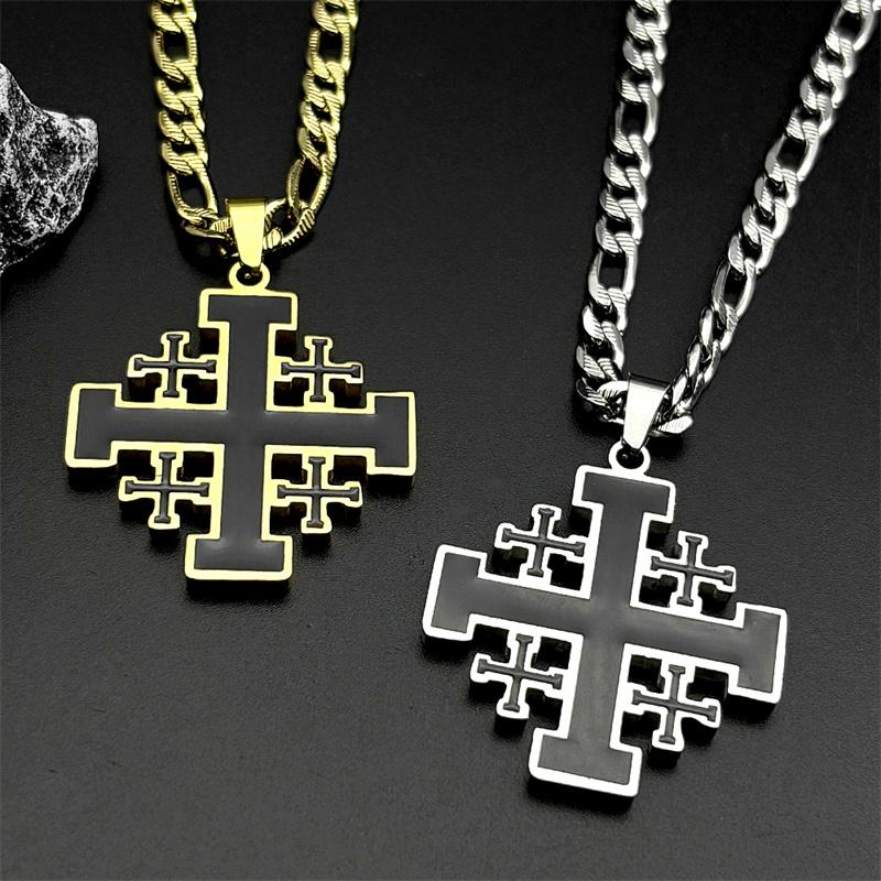 Křesťanský černý smaltovaný jeruzalémský kříž přívěsek náhrdelník pro muže nerezová ocel zlatá barva Hip Hop řetízek amulet šperky dárek