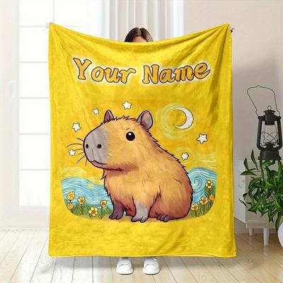 Custom Name Cute Capybara Star Moon Print Flannel Blanket Soft Throw Blanket for Sofa Bed Couch All Season S Room Decor
