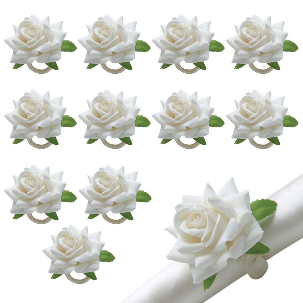 12pcs White Rose Napkin Rings Modern Simple Faux Flower Table Setting Decor for Hotel Home