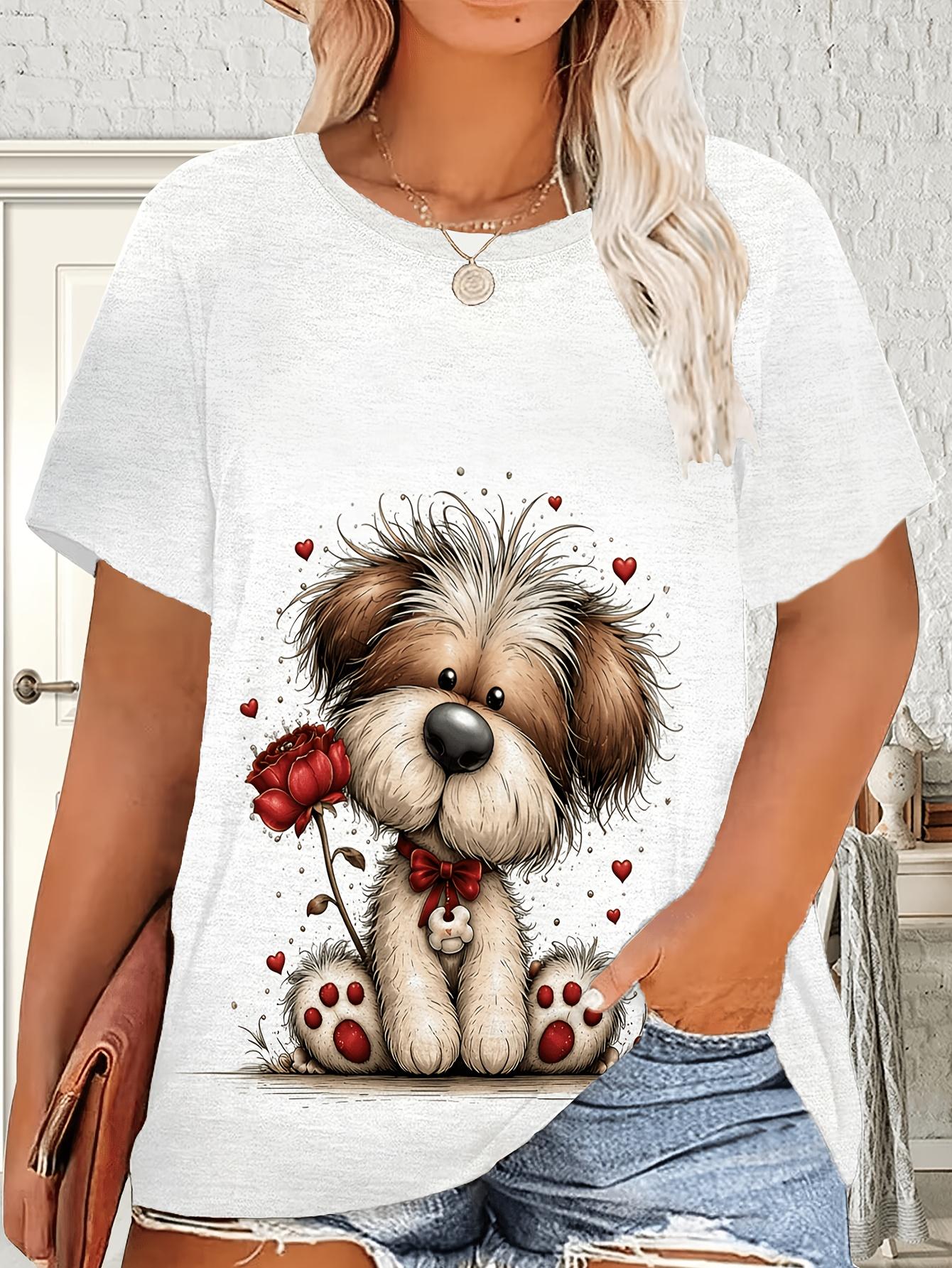 

Plus Size - Plus Size - Plus-Size Women S T-Shirt Featuring a Cartoon Dog Print. with a Round Neck And Short Sleeves. Perfect for Casual Outdoor Wear. 3XL дубильная кора