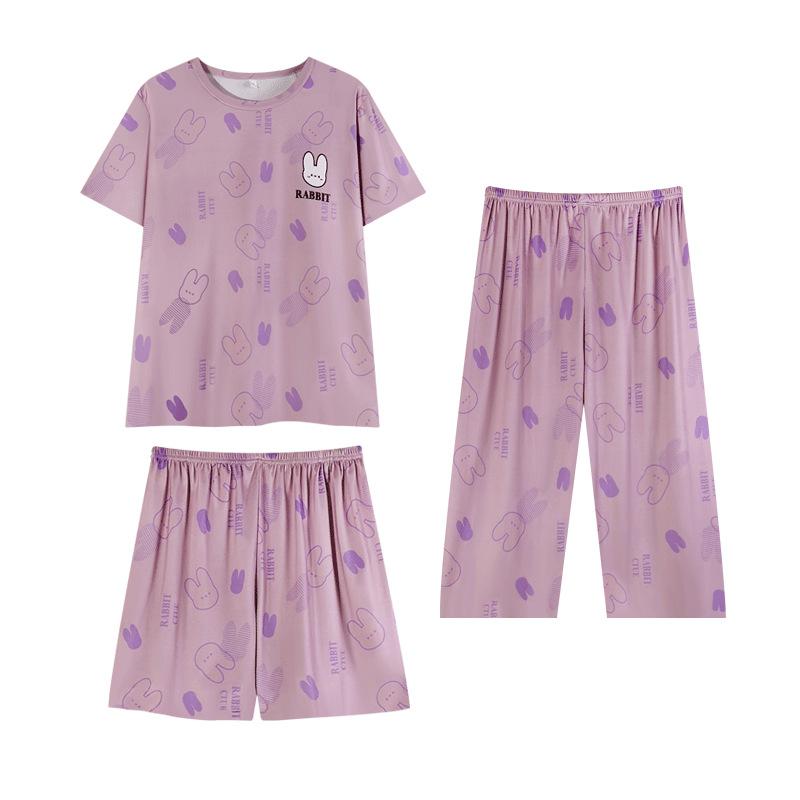 Summer casual comfortable cotton women's pajamas gentle and cute cartoon round neck short-sleeved cropped pants three-piece loungewear