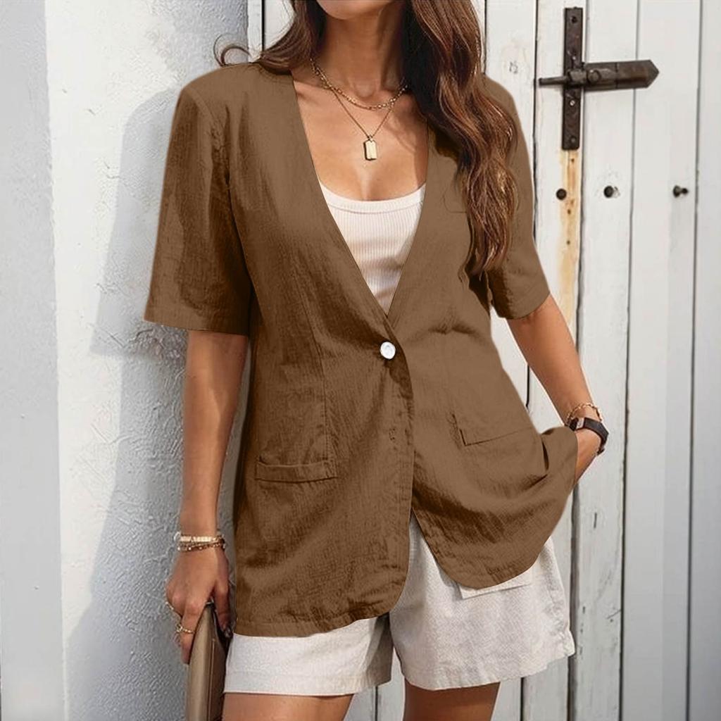 Women's Work Casual Short Sleeve V-Neck Single Button Solid Color Coat