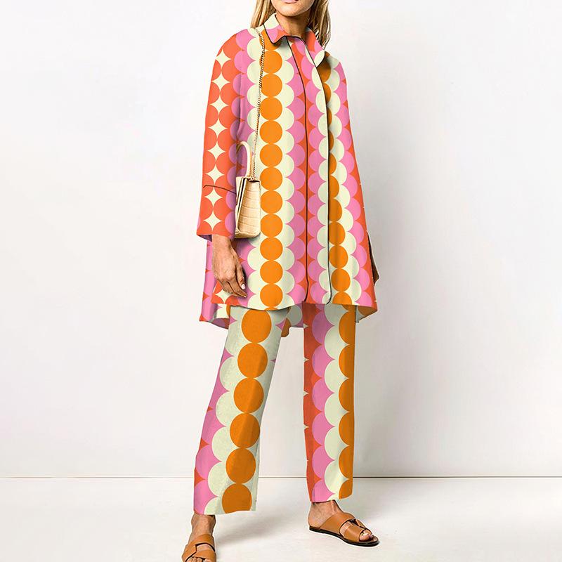 Grünes geometrisches Print Damenhemd und Wide Leg Hosen Kombinationsset