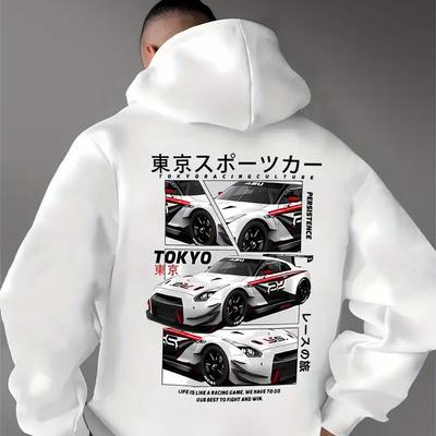 Derrière les Éléments de la Ville Moteur Japonaise de Tokyo, Il Y A une Grande Image Imprimée Sweat à Capuche Décontracté Style Rue pour Homme, Sweatshirt
