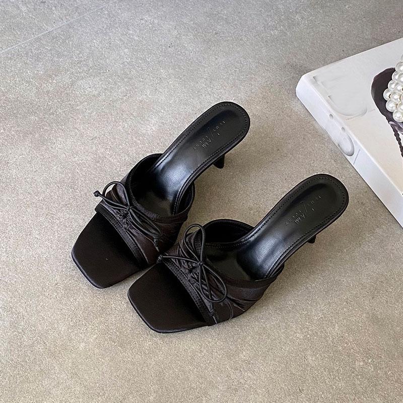 Fashion Elegant Women Pumps Heels Slides Shoes Female Slip On Footwear Square Toe Fashion Butterfly-Knot Ladies High Heels Shoes