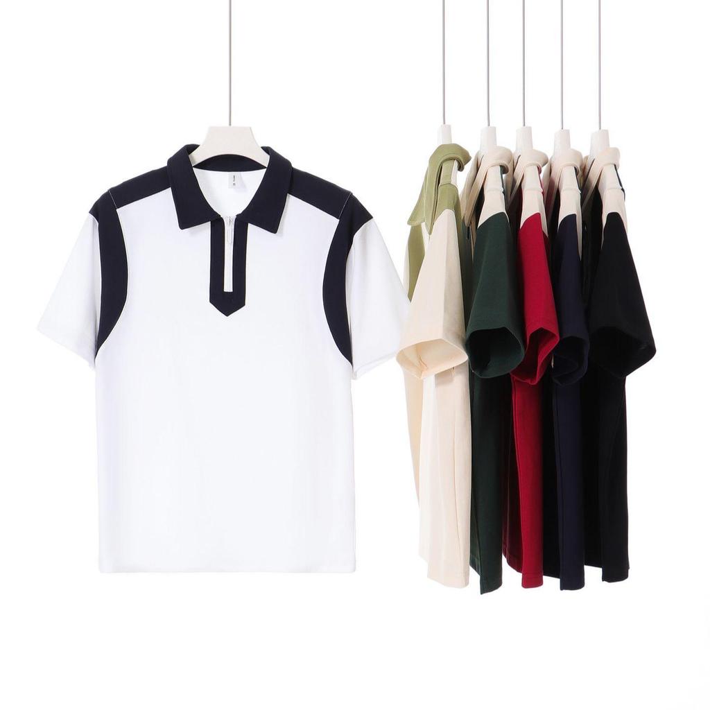 Trendy College Style Contrast Polo: Heavy 240g Pearl Cotton, Half-Zip, Drop Shoulder, Short Sleeve