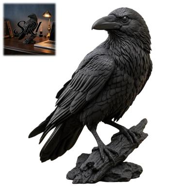 Spooky Tabletop Prop Realistic Gothic Black Crow Figurine, Resin Raven Statue for Halloween Bird Sculpture Decor, Dark Ornament Home Office Bookshelf