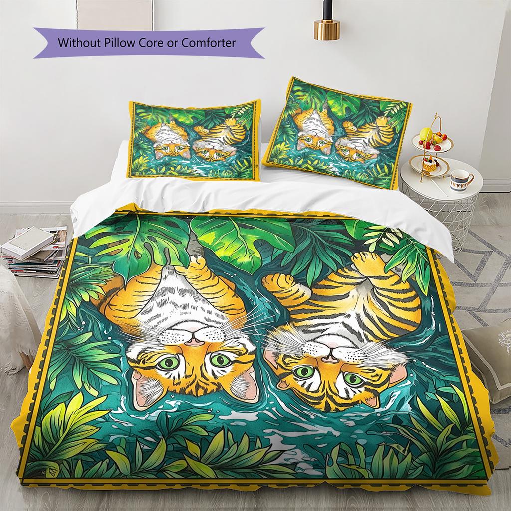 Two Tigers Pattern Bedding Quilt Set Home Decoration Gift (1 * duvet cover + 2 * pillowcase, without core)