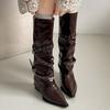 Brown Maillard Pointed Thick Heel Boots Women's 2025 New Autumn Versatile Skirt Stacking Knight Boots