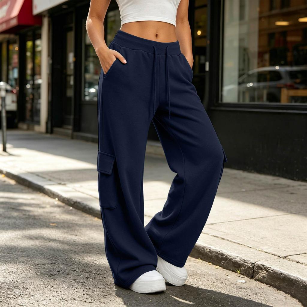 Women Casual Wide Leg Sweatpants with Pockets Drawstring Waistband Loose Fit Cargo Style Lounge Pants for Everyday Wear