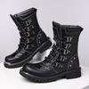 Black High Top Boots Men Motorcycle Boots Fashion Mid-Calf Punk Rock Punk PU Leather Mens Casual Boot Shoes Big Size 38-46