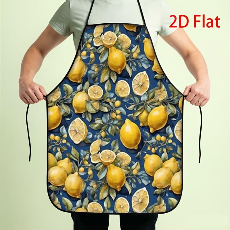 1pc 2D Printed Creative Apron Flat Print Lemon Pattern Design Yellow Citrus Fruit Blue Background Kitchen Cooking Baking Wear St