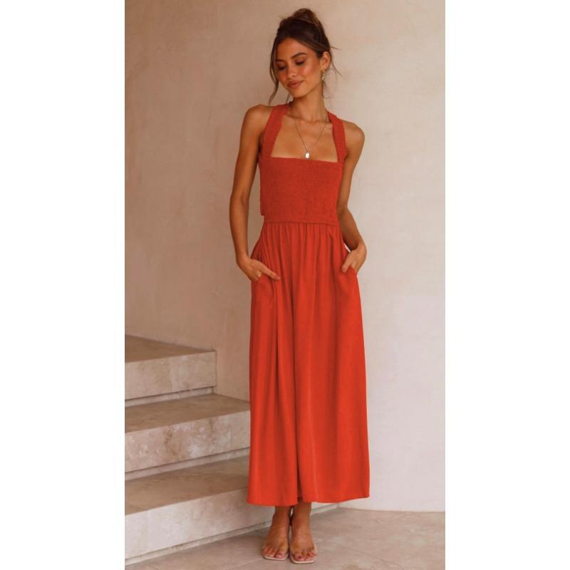 VEZFAA Women's Fashion Summer Spring Solid Color Print Sleeveless Suspenders High Waist Casual Dresses