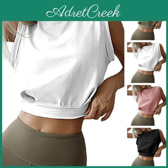 Women Crop Round Sleeveless Top Neck Solid Color Slim Fit Pullover