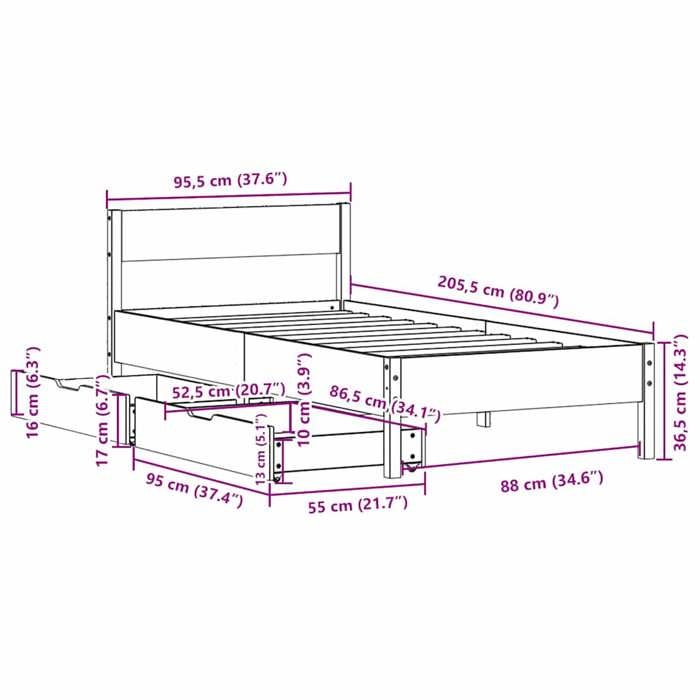 VidaXL Bed Frame with Headboard White 90x200cm Solid Pine Wood, Bedroom Furniture, Slatted Base, Wooden Bed, 3301759