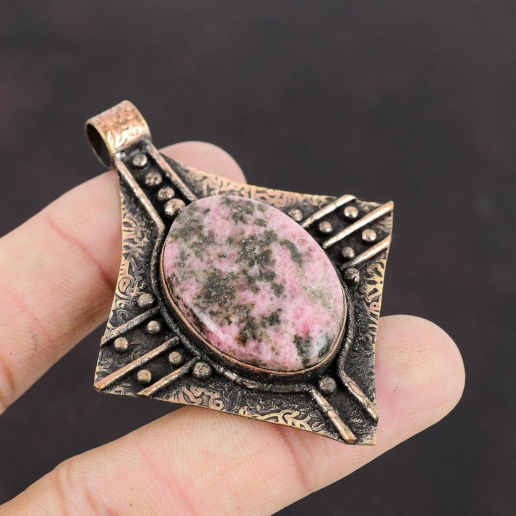 Rhodonite Pendant Copper Pendant Handmade Pendant Rhodonite Jewelry High Quality Gemstone Pendant Unique Copper Design Jewelry Gift For Her