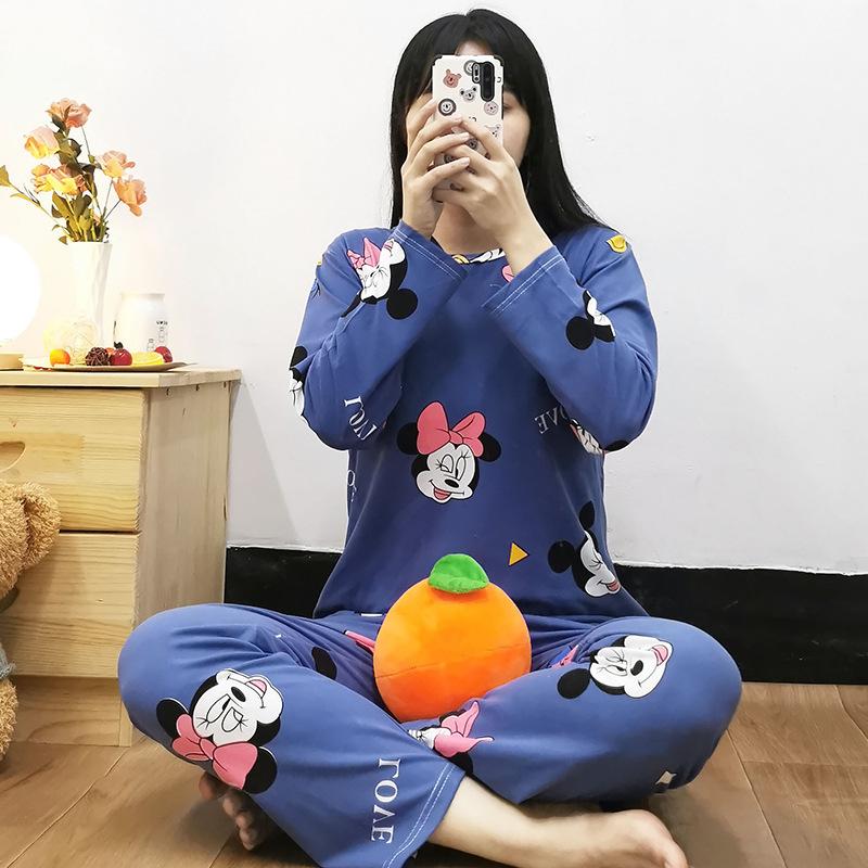 Spring and Autumn women's cartoon pajamas, pink girl cat print long-sleeved suit, loose loungewear