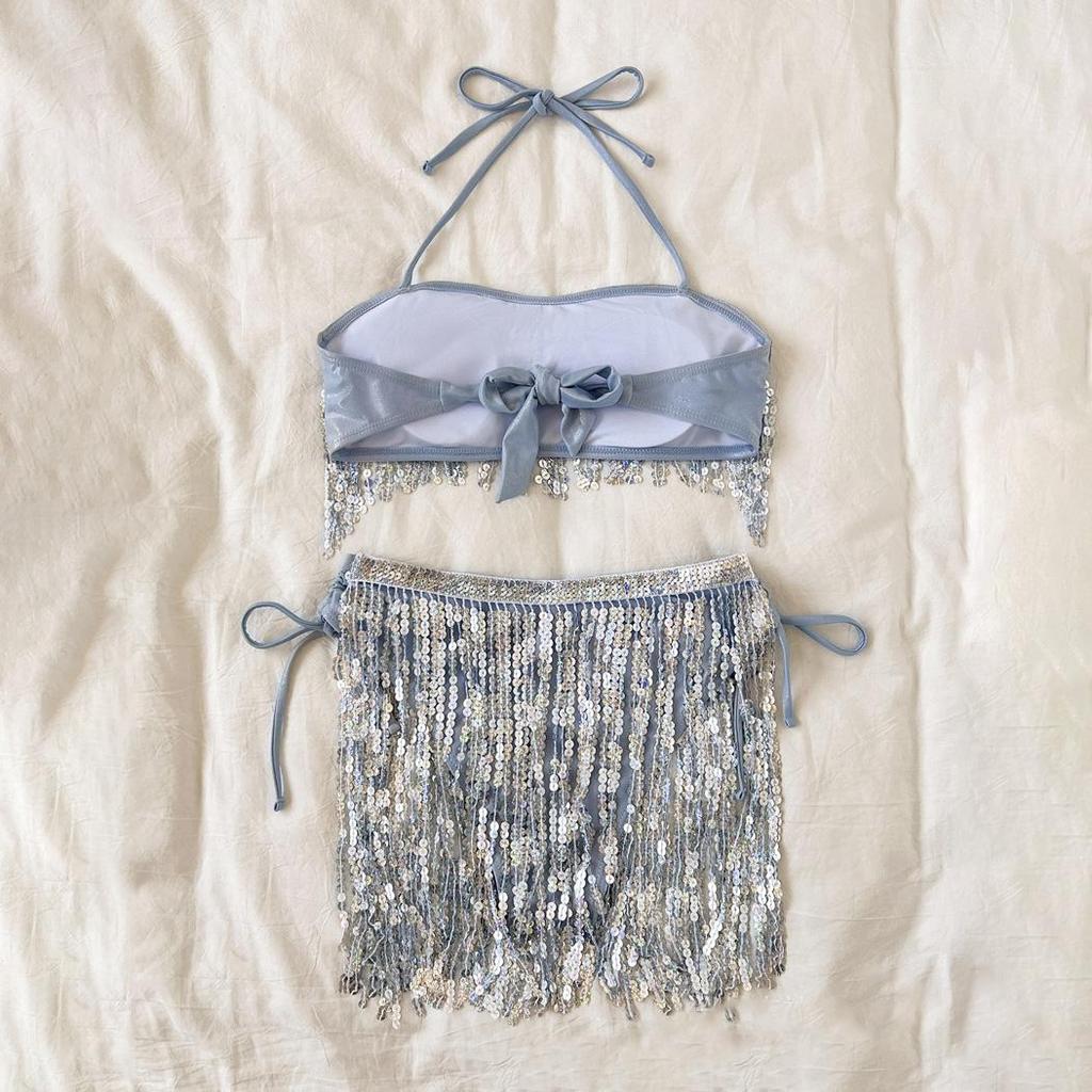 Shiny Glitter Bikini Set Women Sexy Bandeau Push Up Sequin Tassel Swimsuit 2024 Ladies Beach Bathing Suit High Waist Swimwear