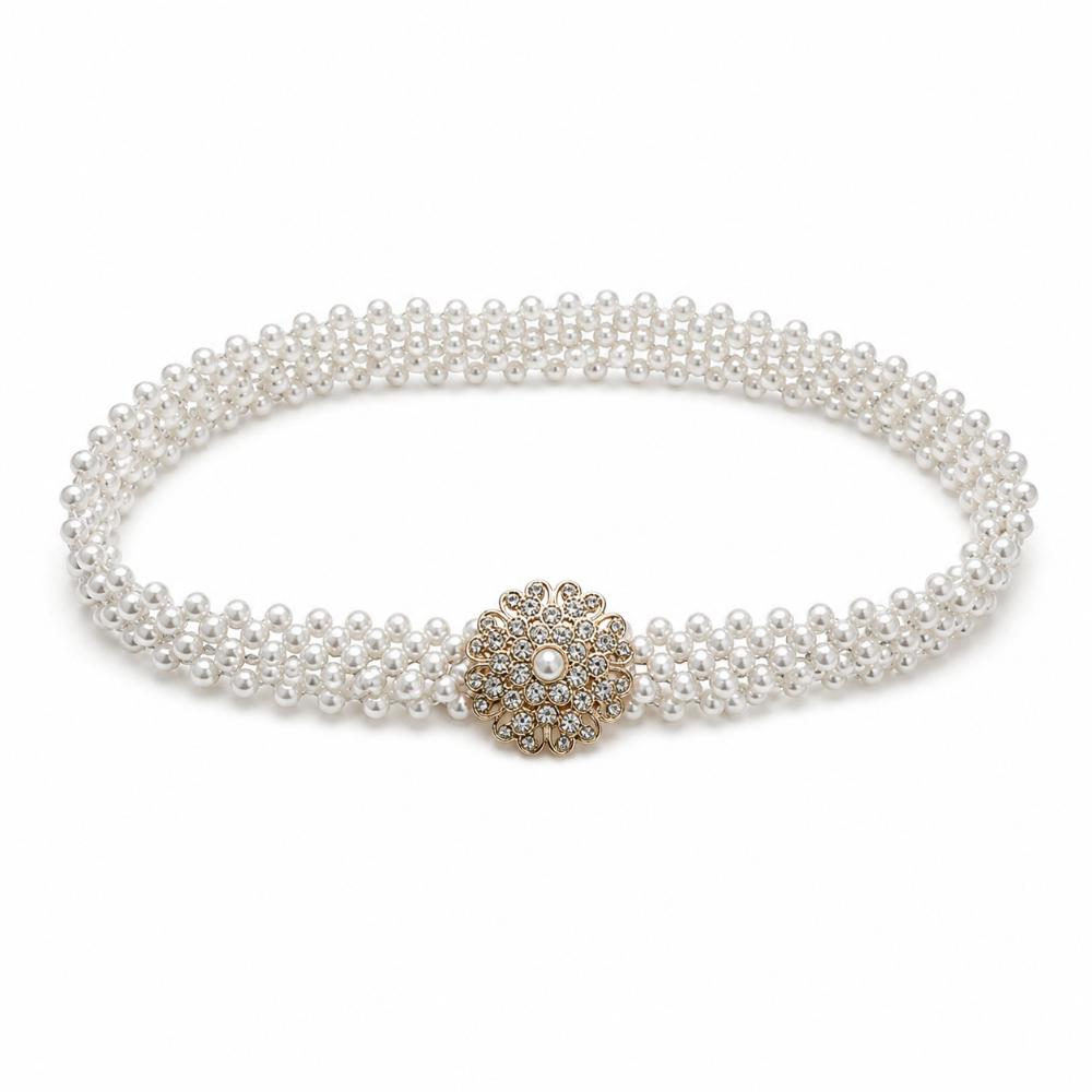 White Imitation Pearl Elastic Belt Metal Waist Chain New Beaded Belt Party Accessories