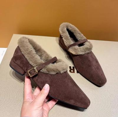 Elegant Mary Janes Woman Chic Brand Design Fur Low Heel Dress Shoe Ladies Winter Warm Plush Belt Pump Women Fur Shoes with Heels