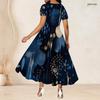 Women Plus Size Round Neck Short Sleeve Printed Navy Blue Gathered Waist A Line Long Dress