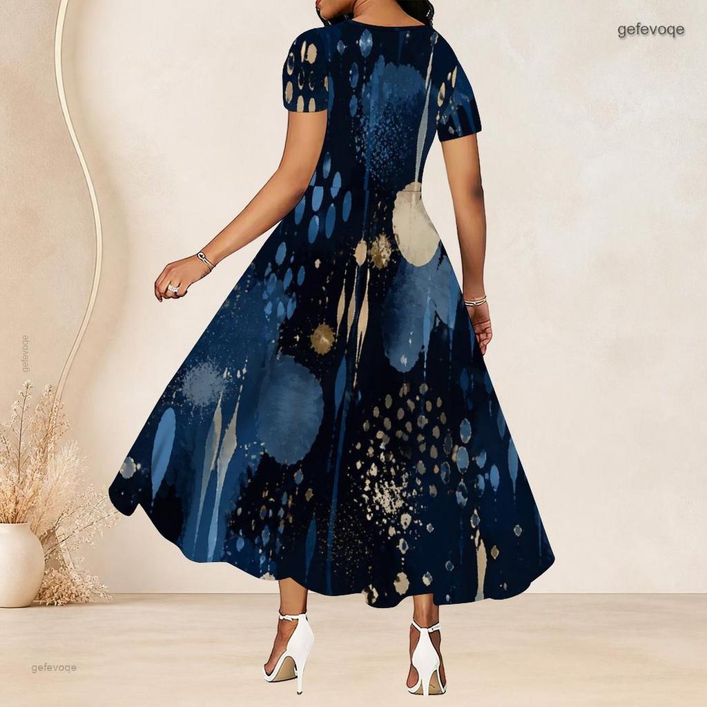 Women Plus Size Round Neck Short Sleeve Printed Navy Blue Gathered Waist A Line Long Dress