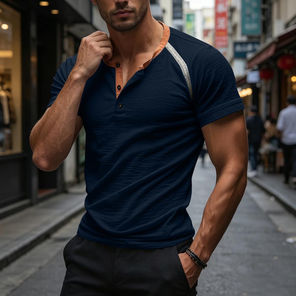 Men Casual Three Button Short Sleeve Henley Shirt Trim Raglan Crewneck Lightweight Summer Top