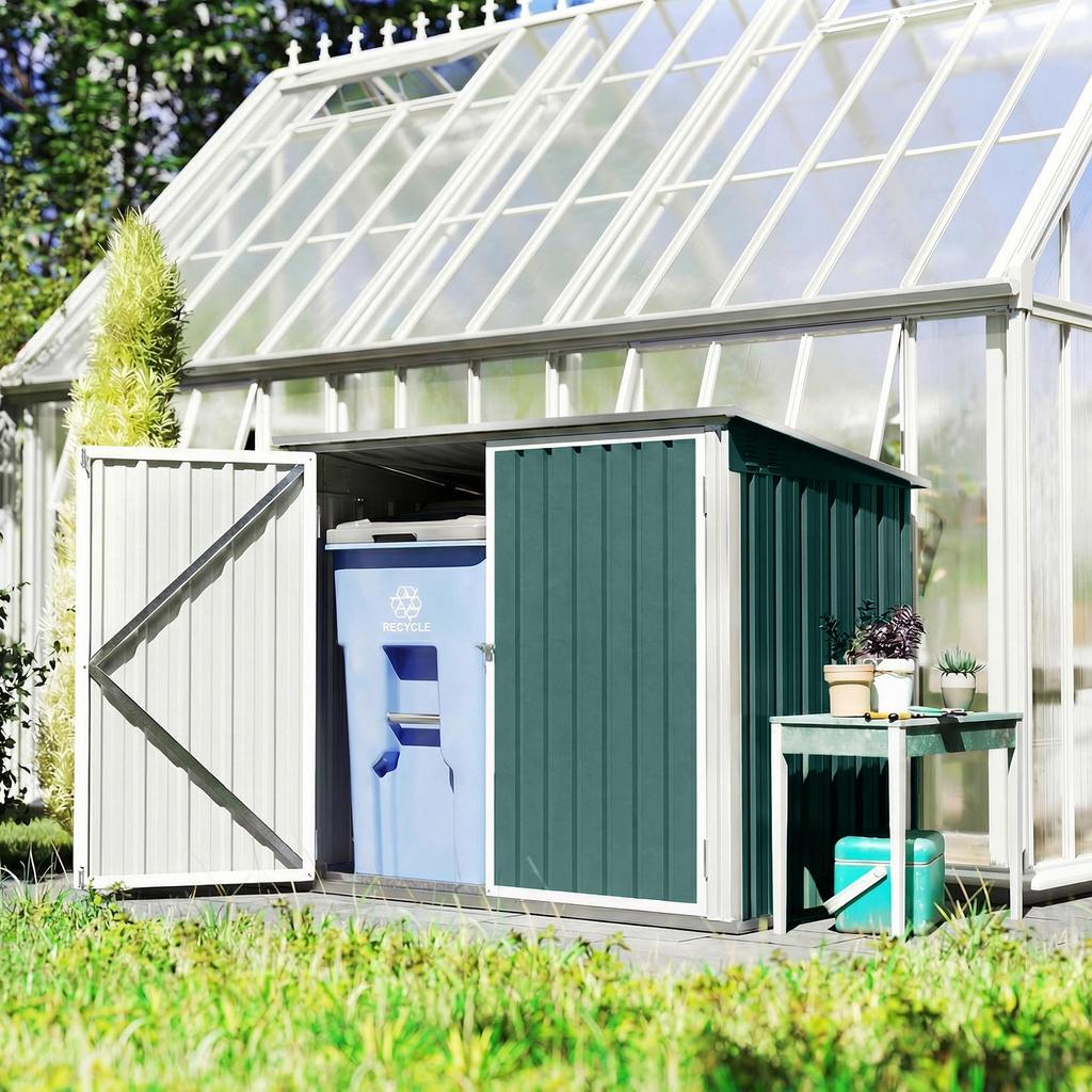Galvanized Steel Bin Enclosure, 2 Bins, Double Door, Pneumatic Lid, 180 x 108 x 130 cm, Green